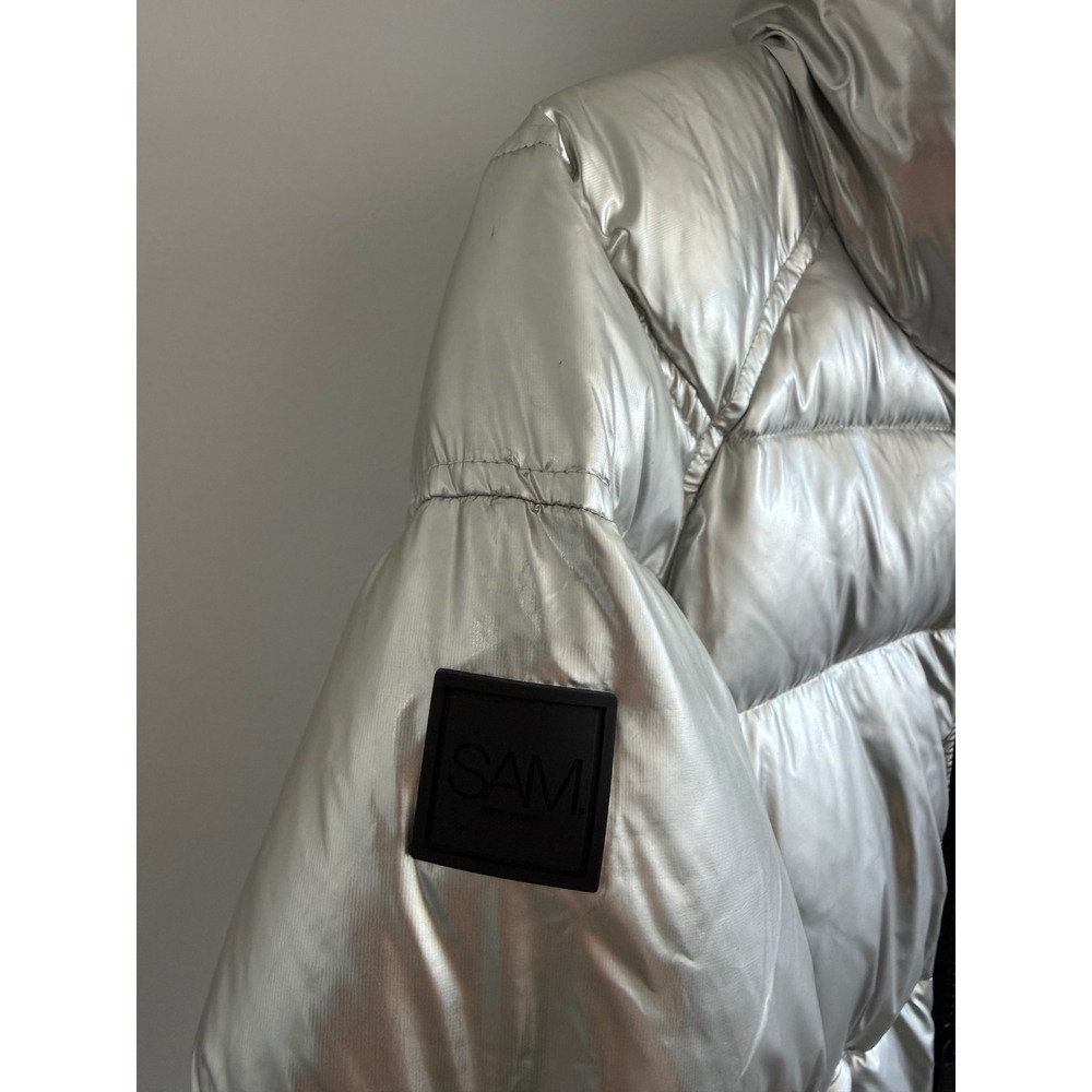 SAM New York Freestyle Down Puffer Jacket Metallic Silver Womens Small Bomber - Picture 6 of 16